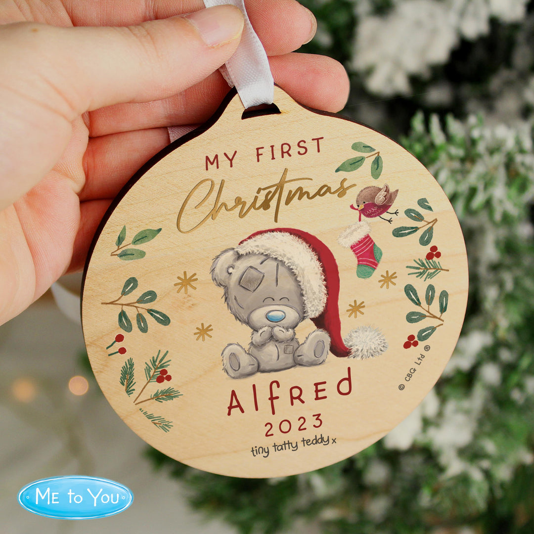 Personalised First Christmas Tiny Tatty Teddy Round Wooden Decoration, The Personal Shop, personalised gifts