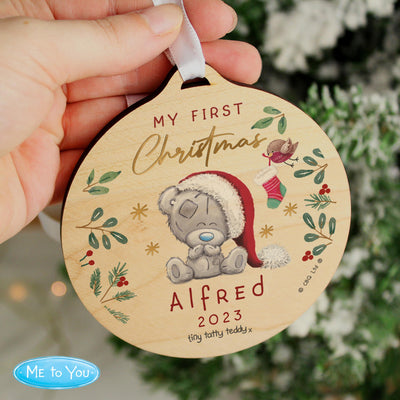 Personalised First Christmas Tiny Tatty Teddy Round Wooden Decoration