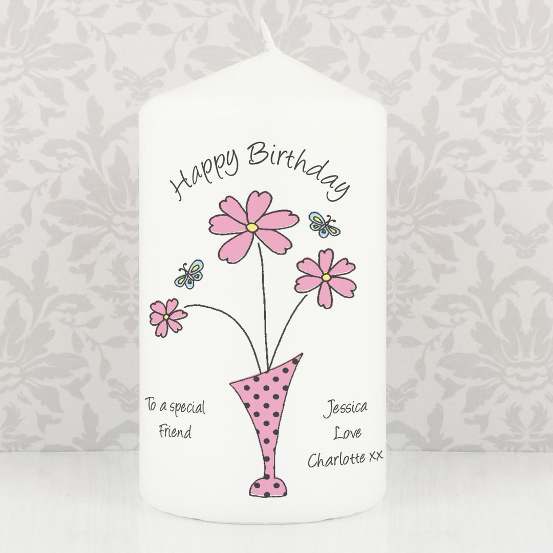 Personalised Flower in Vase Message Pillar Candle, The Personal Shop, personalised gifts