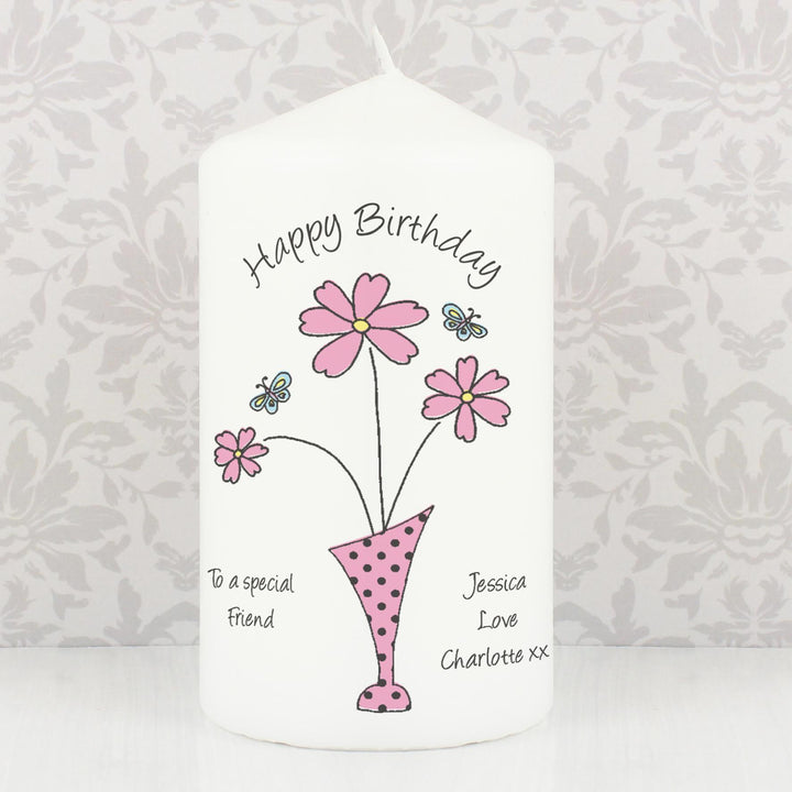 Personalised Flower in Vase Message Pillar Candle, The Personal Shop, personalised gifts