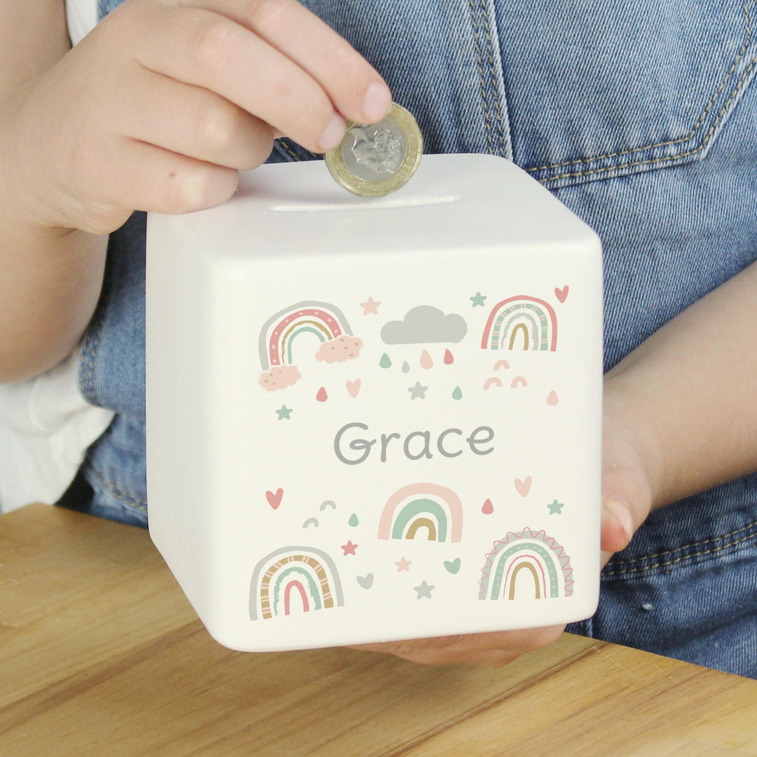 Personalised Rainbow Ceramic Square Money Box – alternative view