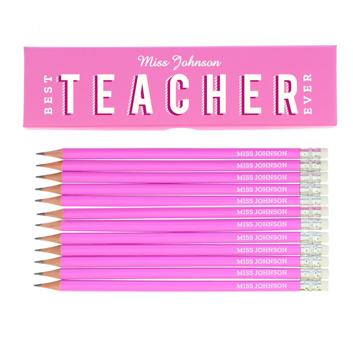 Personalised Best Teacher Ever Box and 12 Pink HB Pencils – alternative view