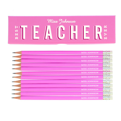 Personalised Best Teacher Ever Box and 12 Pink HB Pencils