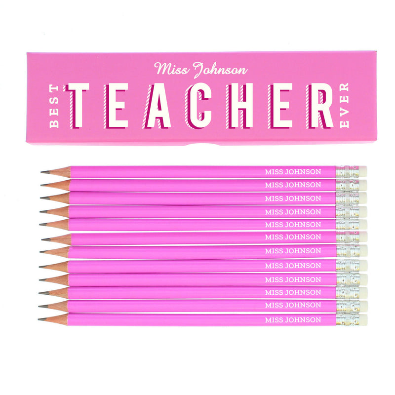 Personalised Best Teacher Ever Box and 12 Pink HB Pencils