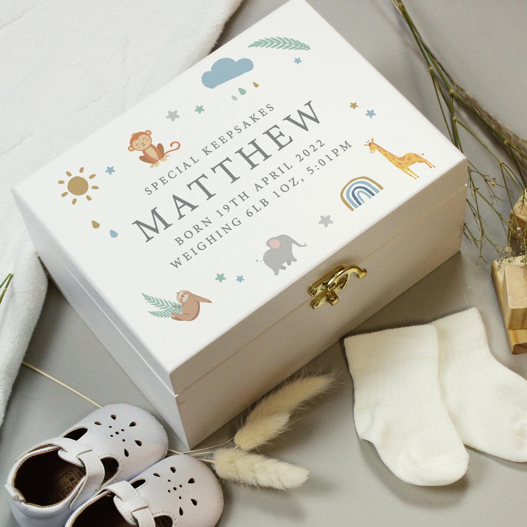 Personalised Safari Animals White Wooden Keepsake Box, The Personal Shop, personalised gifts