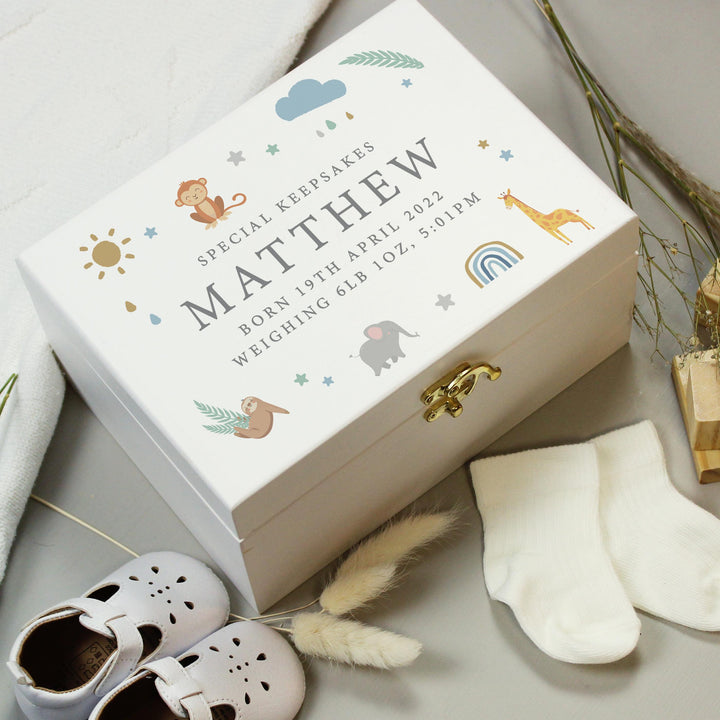 Personalised Safari Animals White Wooden Keepsake Box, The Personal Shop, personalised gifts