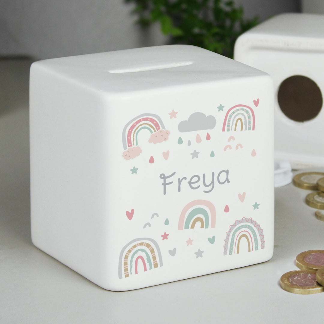 Personalised Rainbow Ceramic Square Money Box – alternative view