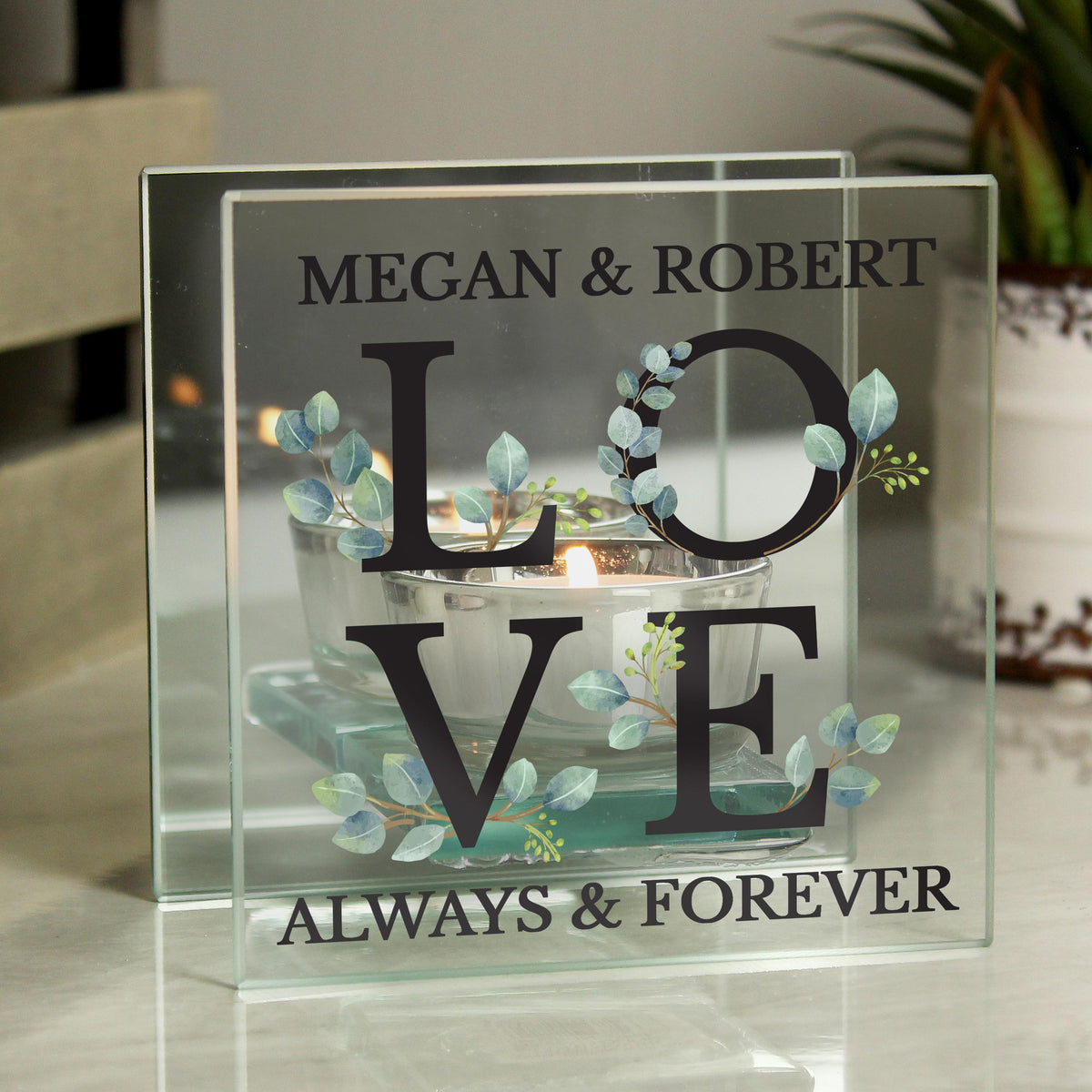 Personalised Botanical Mirrored Glass Tea Light Holder – alternative view