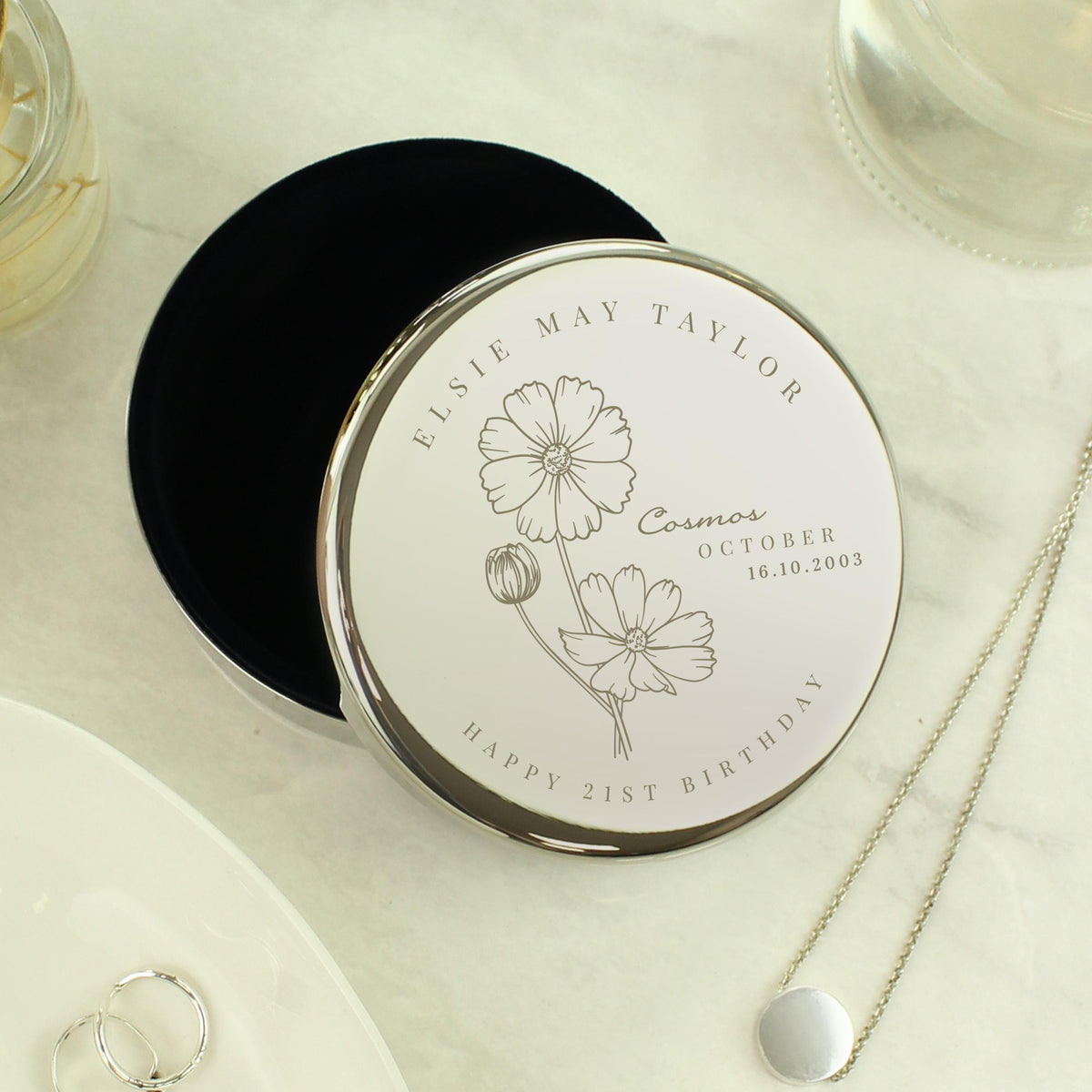 Personalised October Birth Flower Round Trinket Box – alternative view