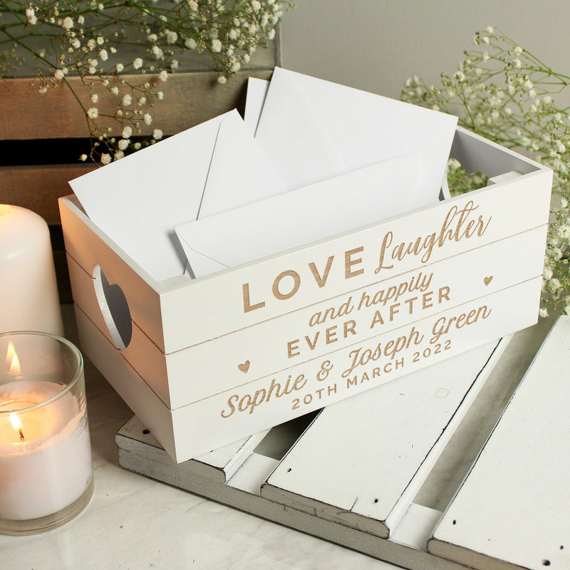 Personalised Love Laughter & ... White Wooden Crate