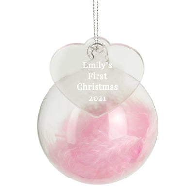 Personalised Free Text Pink Feather Glass Bauble With Heart Tag