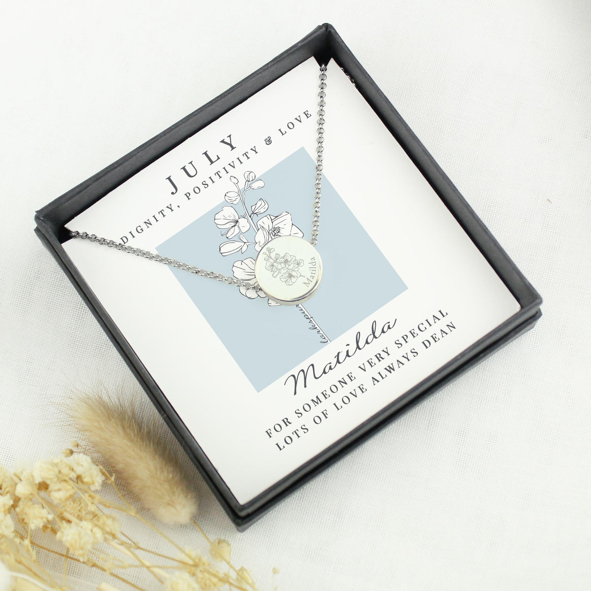Personalised July Birth Flower Necklace and Box – alternative view