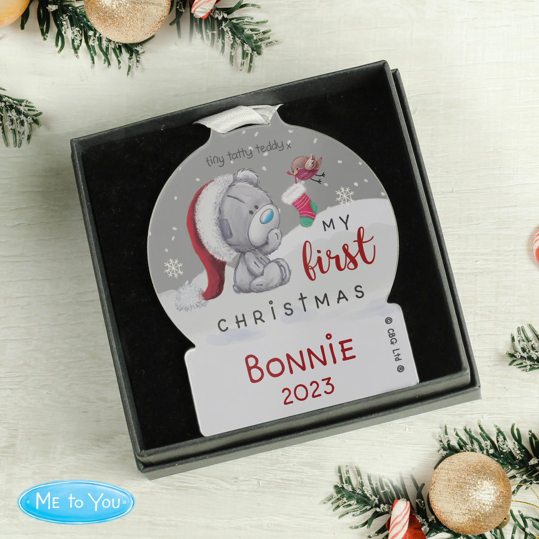 Personalised First Christmas Tiny Tatty Teddy Acrylic Snow Globe Decoration – alternative view