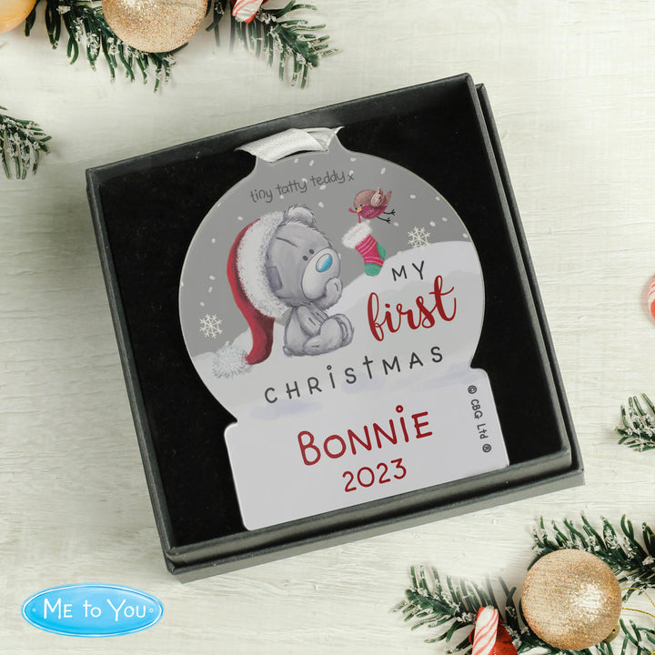 Personalised First Christmas Tiny Tatty Teddy Acrylic Snow Globe Decoration – alternative view