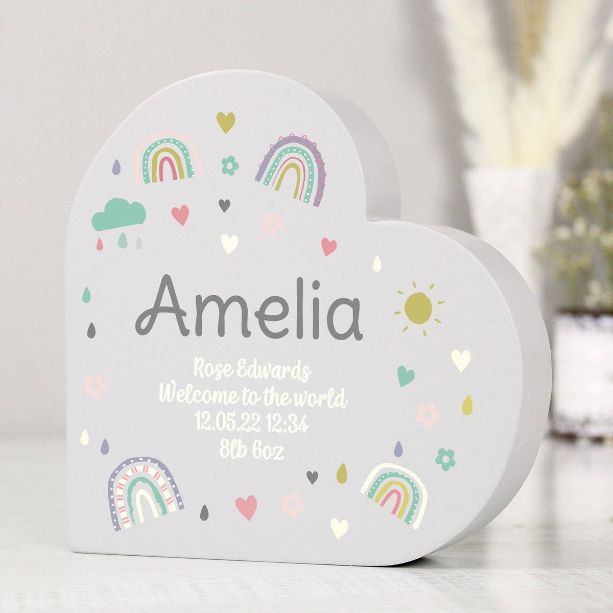 Personalised Rainbow Free Standing Heart ornament, The Personal Shop, personalised gifts