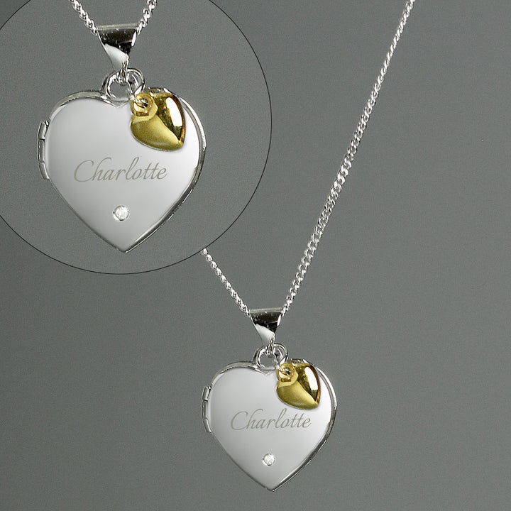 Personalised Sterling Silver Heart Locket Necklace with Diamond and 9ct Gold Charm – alternative view