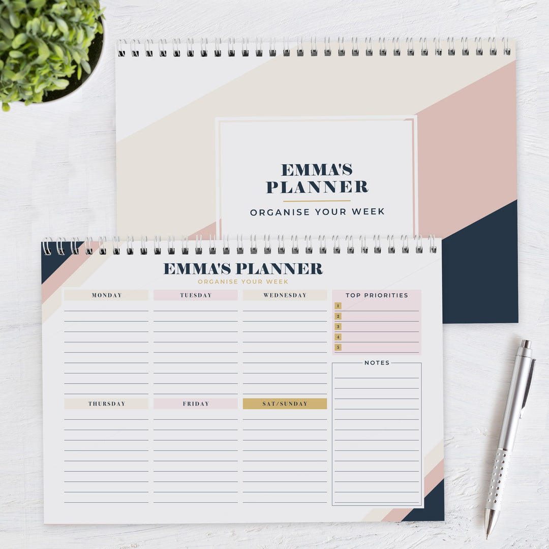 Personalised Free Text Navy &amp; Blush A4 Desk Planner, The Personal Shop, personalised gifts