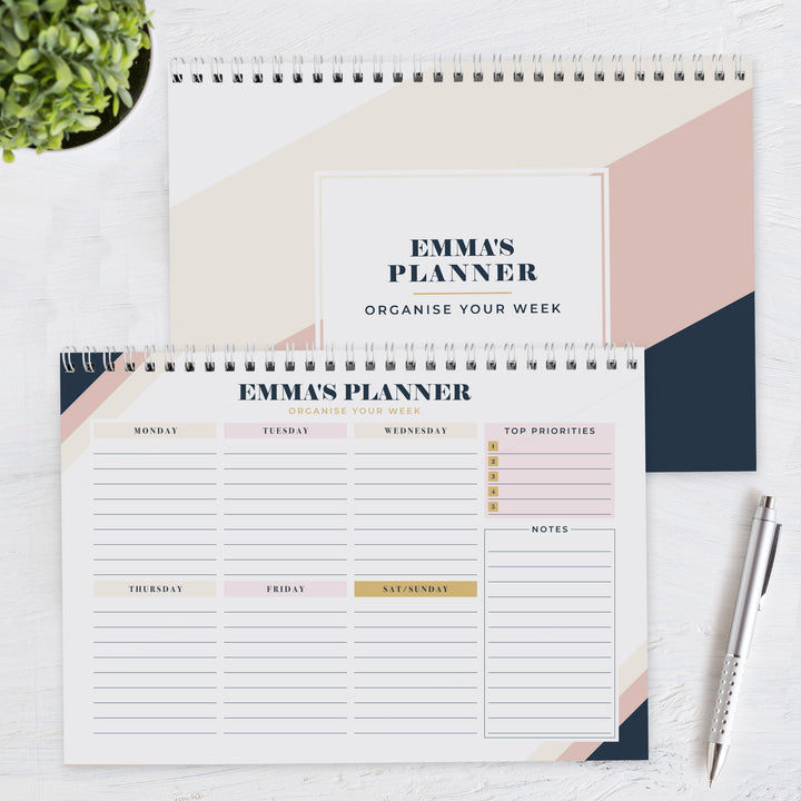 Personalised Free Text Navy &amp; Blush A4 Desk Planner, The Personal Shop, personalised gifts