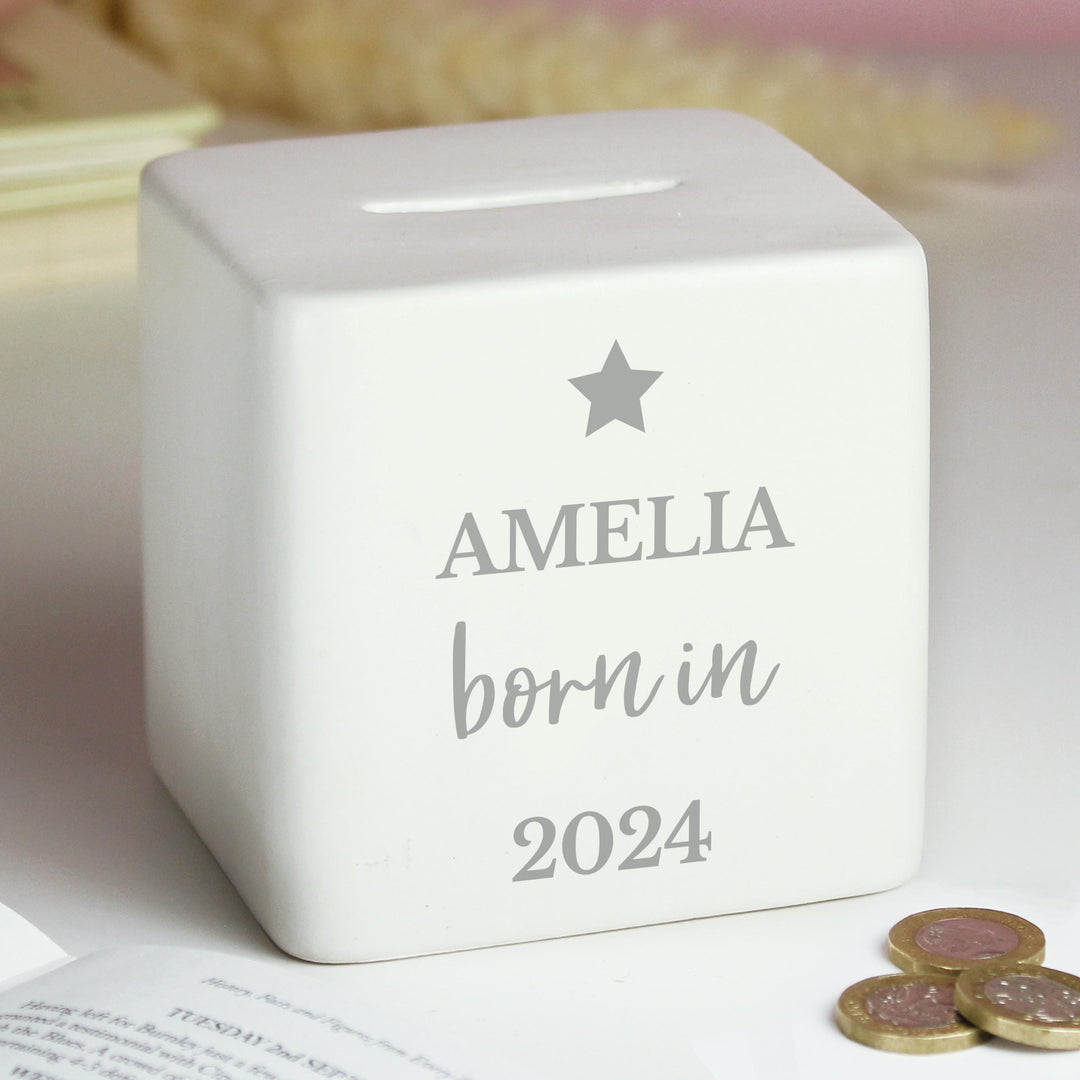 Personalised Born in Money Box – alternative view