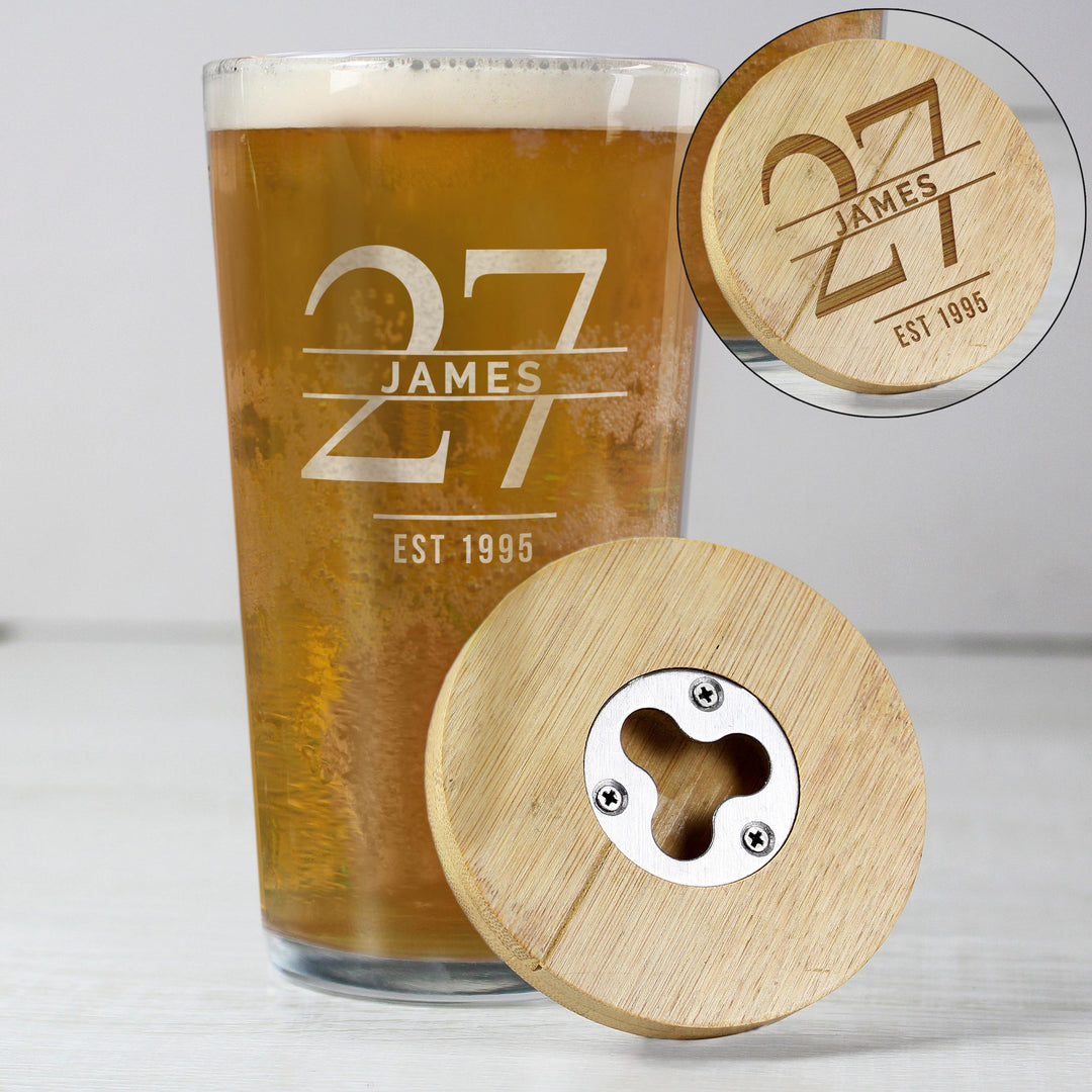 Personalised Big Age Bamboo Bottle Opener Coaster and Pint Glass Set – alternative view