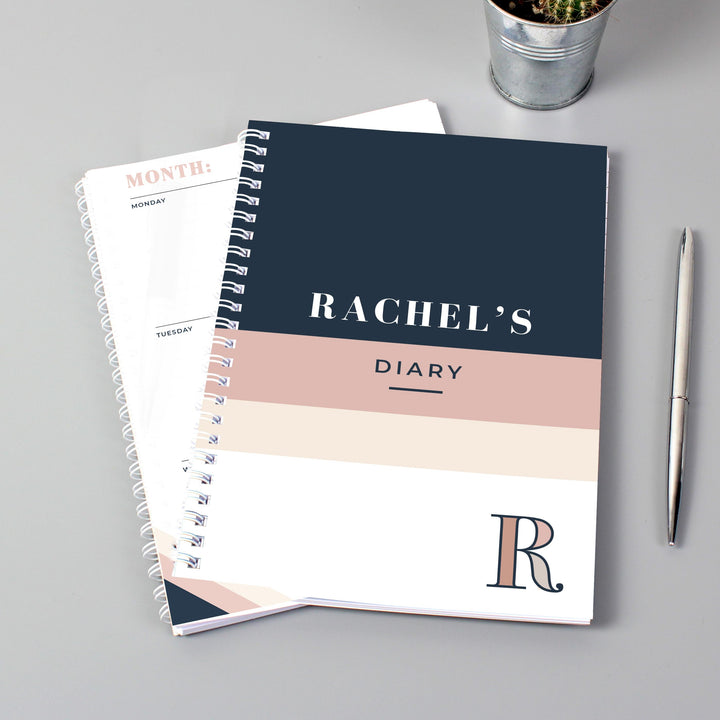 Personalised Free Text Navy &amp; Blush A5 Diary, The Personal Shop, personalised gifts