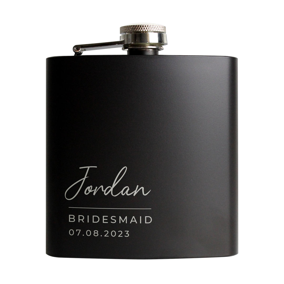 Personalised Free Text Wedding Party Black Hip Flask, The Personal Shop, personalised gifts