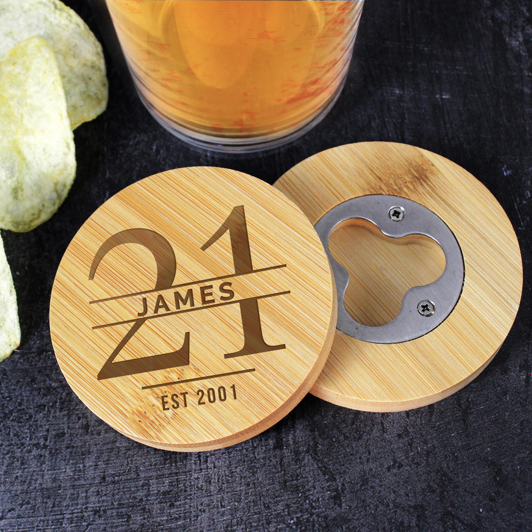 Personalised Big Age Bamboo Bottle Opener Coaster, The Personal Shop, personalised gifts