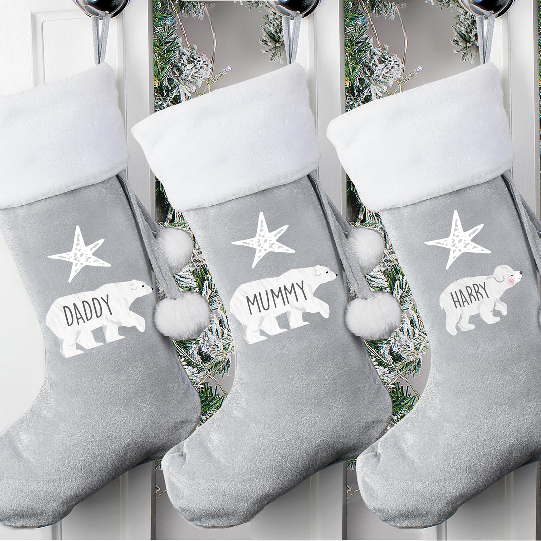 Personalised Polar Bear Luxury Silver Grey Stocking, The Personal Shop, personalised gifts