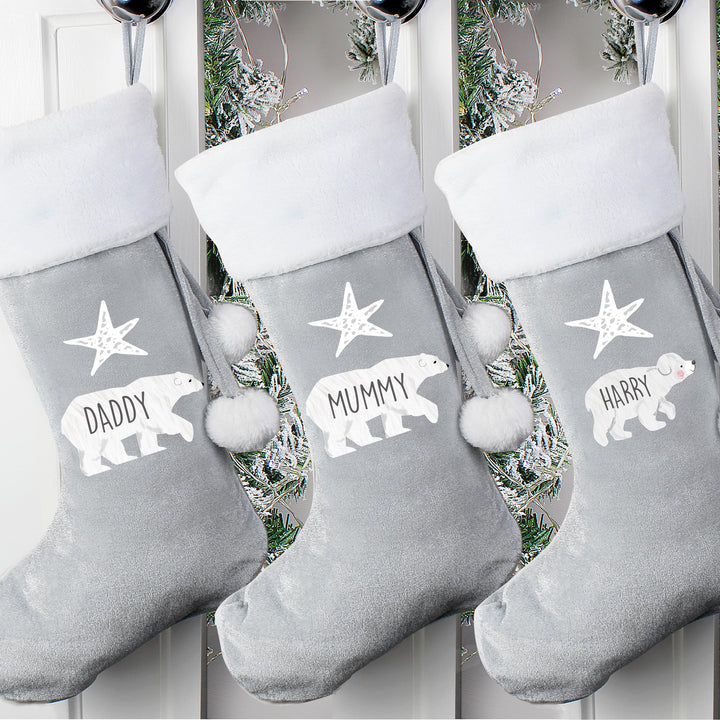 Personalised Polar Bear Luxury Silver Grey Stocking, The Personal Shop, personalised gifts