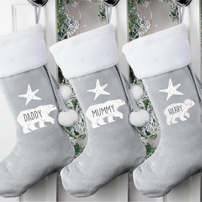 Personalised Polar Bear Luxury Silver Grey Stocking