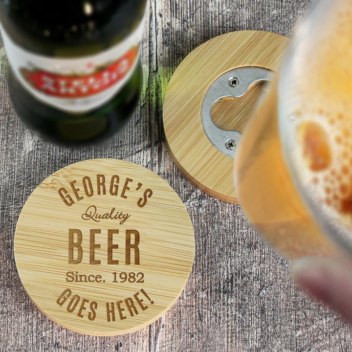 Personalised Free Text Bamboo Bottle Opener Coaster and Pint Glass – alternative view