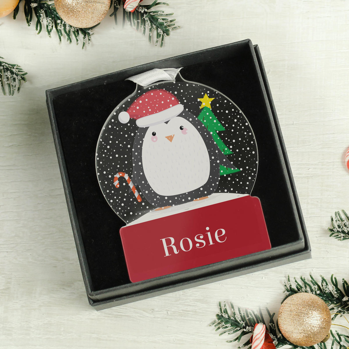 Personalised Penguin Acrylic Snowglobe Decoration, The Personal Shop, personalised gifts