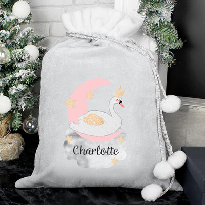 Personalised Swan Lake Luxury Silver Grey Pom Pom Sack