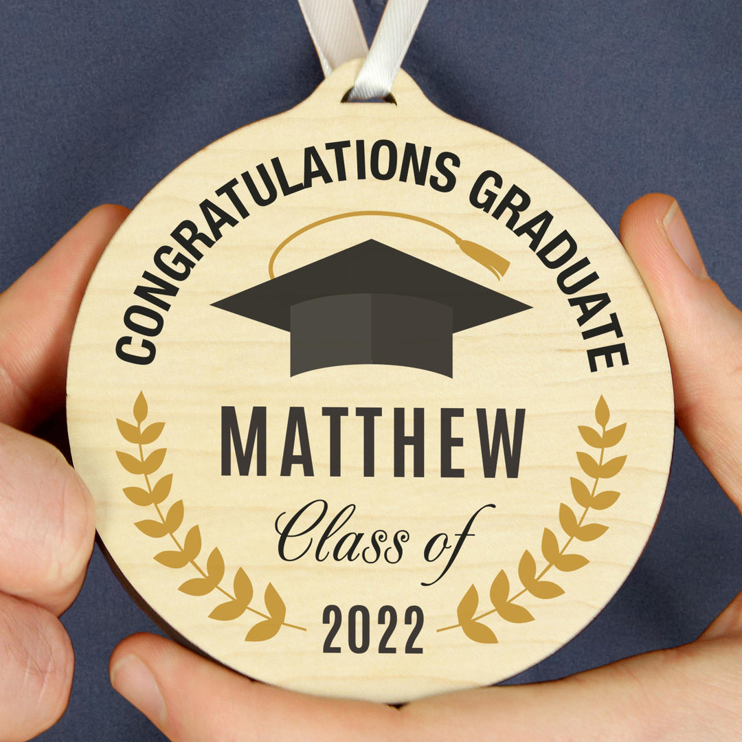 Personalised Graduation Round Wooden Decoration, The Personal Shop, personalised gifts
