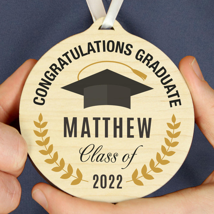Personalised Graduation Round Wooden Decoration, The Personal Shop, personalised gifts