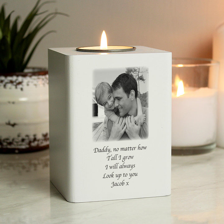 Personalised Photo Upload White Wooden Tea light Holder – alternative view