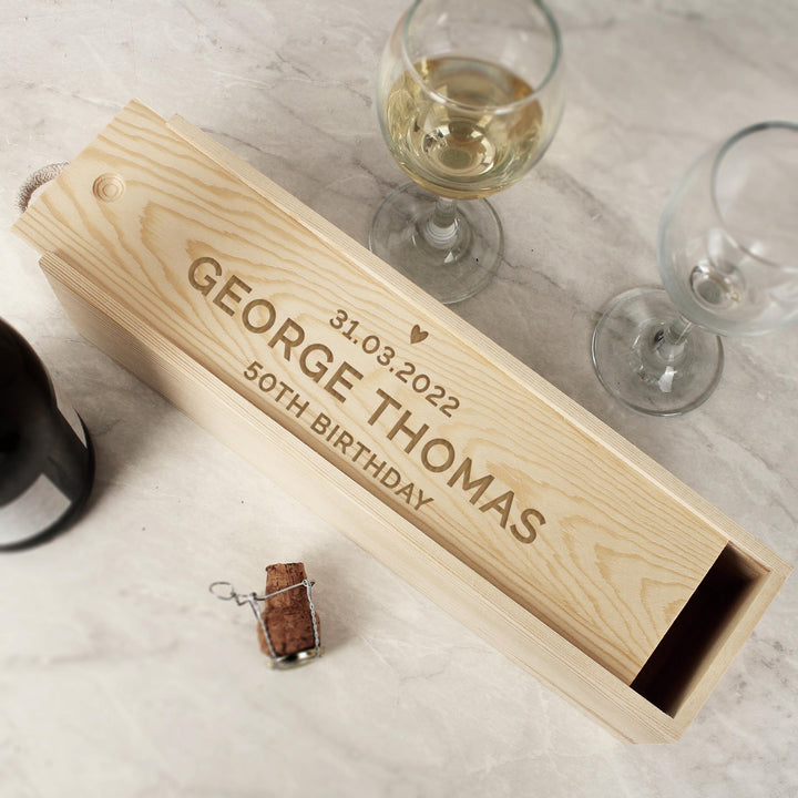 Personalised Love Heart Wooden Wine Bottle Box, The Personal Shop, personalised gifts