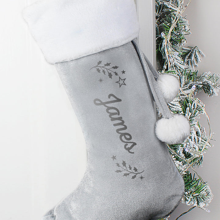 Personalised Holly Grey Christmas Stocking – alternative view