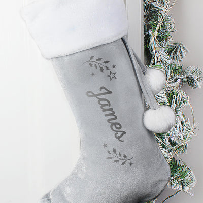 Personalised Holly Grey Christmas Stocking