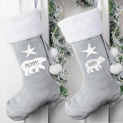 Personalised Polar Bear Luxury Silver Grey Stocking