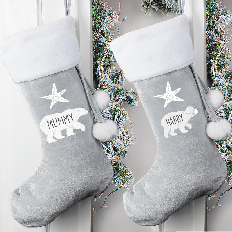 Personalised Polar Bear Luxury Silver Grey Stocking