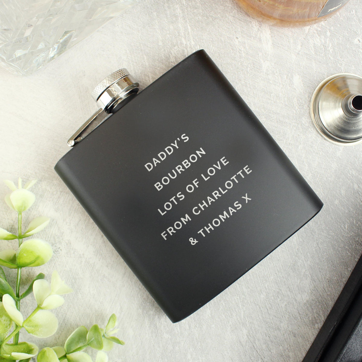 Personalised Free Text Black Hip Flask – alternative view