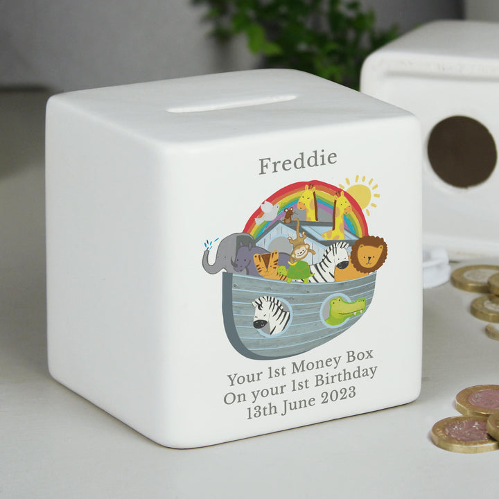 Personalised Noahs Ark Ceramic Square Money Box – alternative view