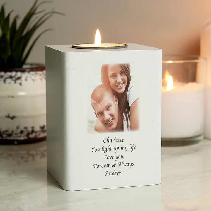 Personalised Photo Upload White Wooden Tea light Holder – alternative view