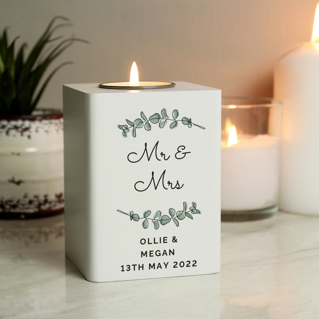 Personalised Botanical White Wooden Tea light Holder – alternative view