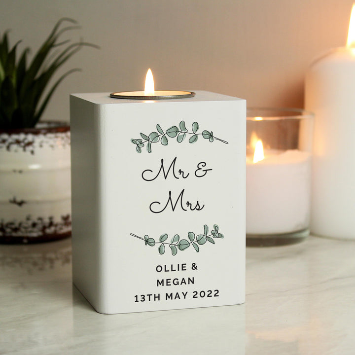 Personalised Botanical White Wooden Tea light Holder – alternative view