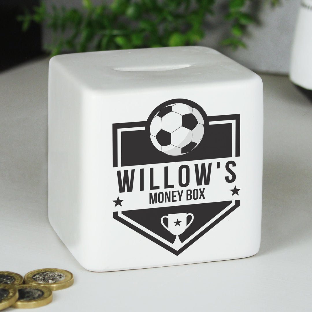 Personalised Football Badge Ceramic Square Money Box – alternative view