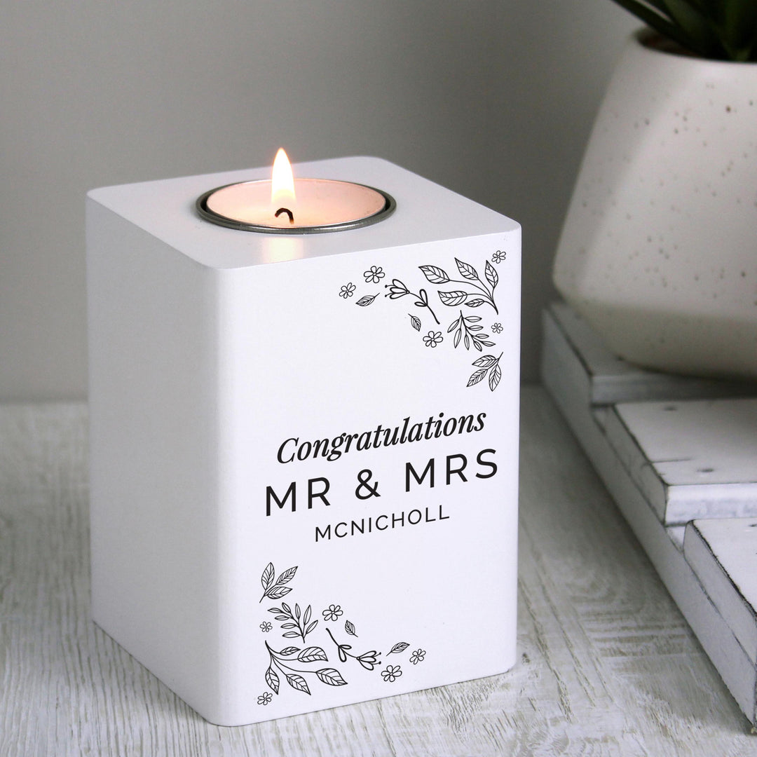 Personalised Floral Leaf White Wooden Tea Light Holder – alternative view