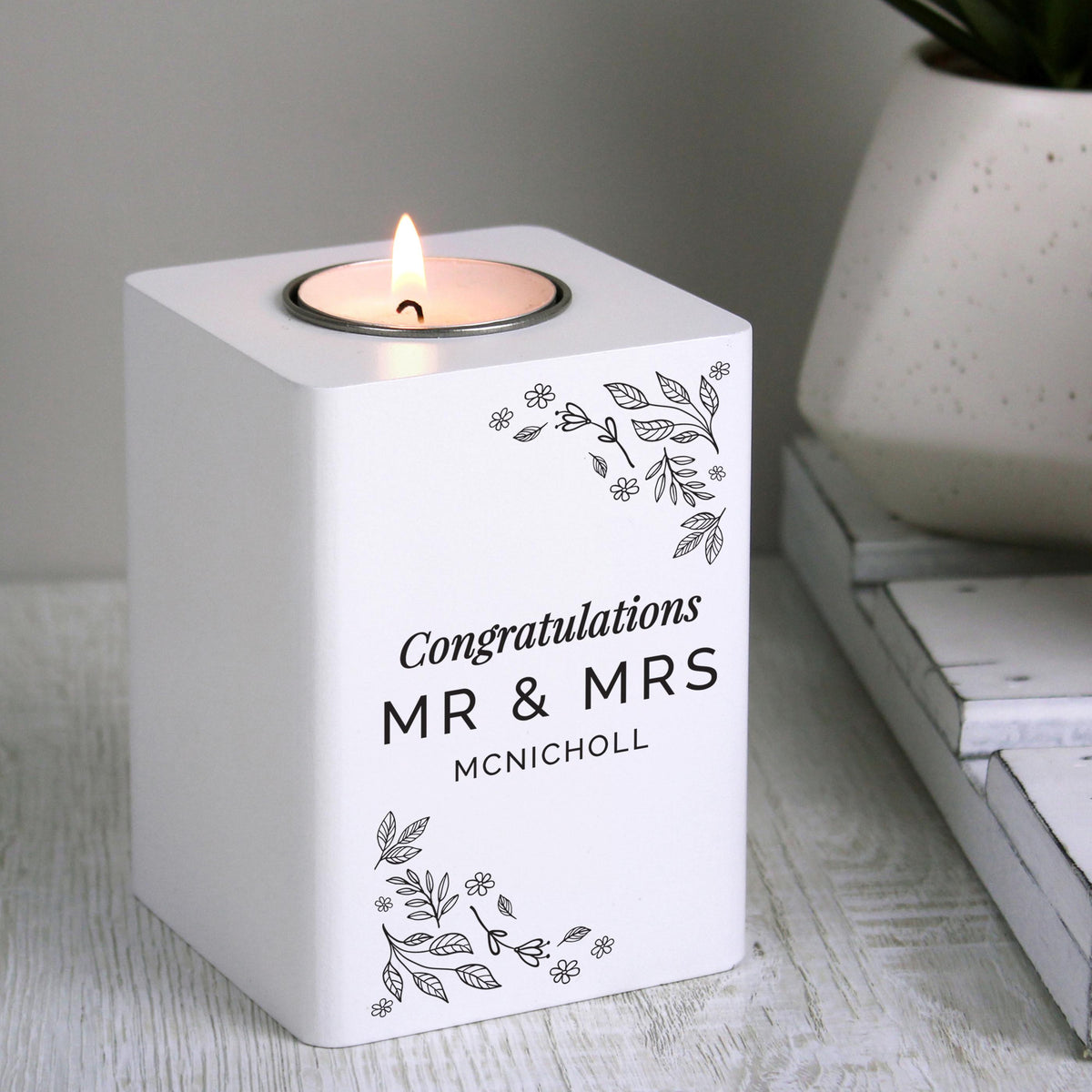 Personalised Floral Leaf White Wooden Tea Light Holder – alternative view