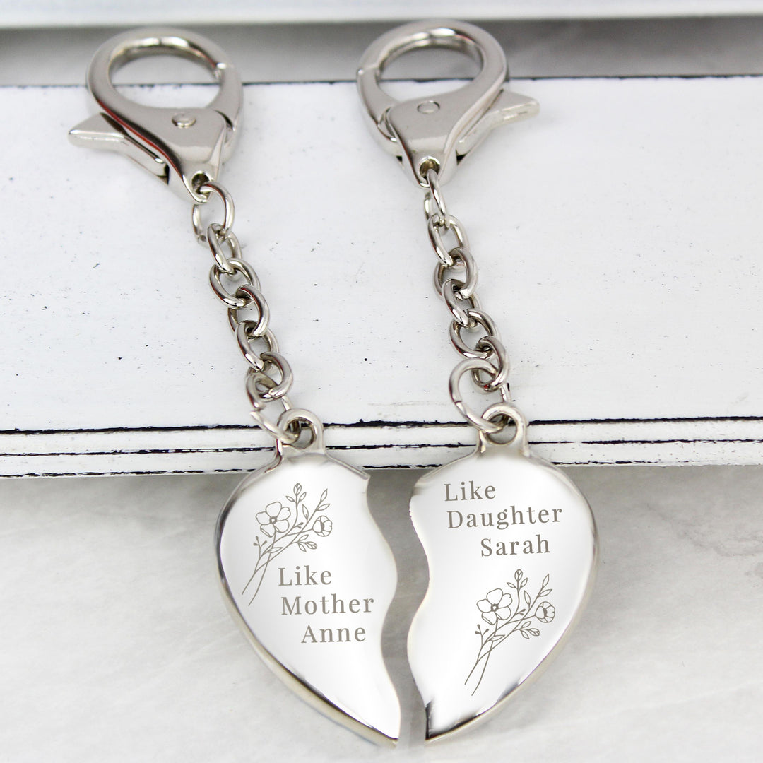 Personalised Floral Mother Daughter Two Heart Keyring – alternative view